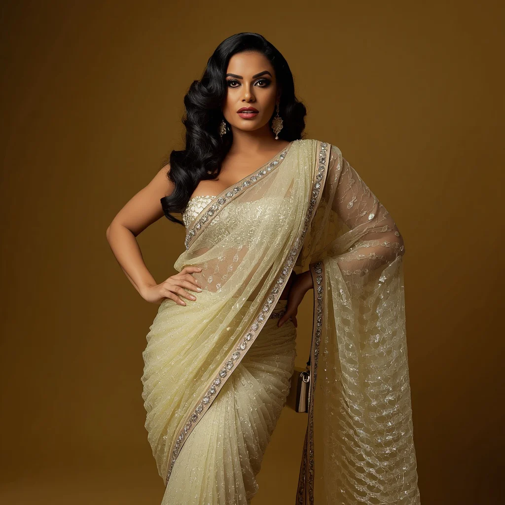 Glamorous Indian Woman in a Sparkling Pastel Yellow Saree, High Fashion Luxury — AI image prompt