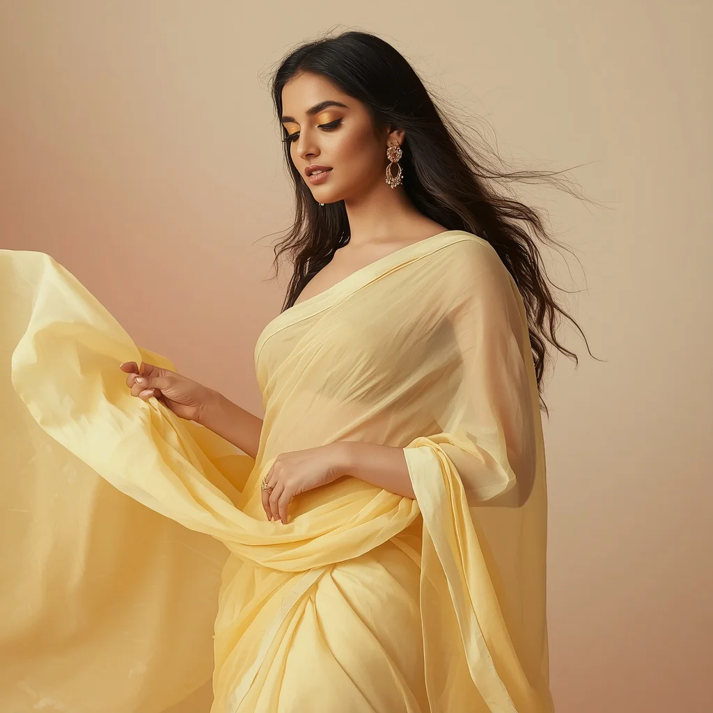 Graceful Indian Woman in a Pastel Yellow Saree with Ethereal Twist and Flow — AI image prompt