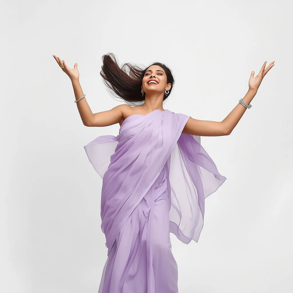 Joyful Indian Woman in a Pastel Lavender Saree, Dancing with Utter Delight — AI image prompt