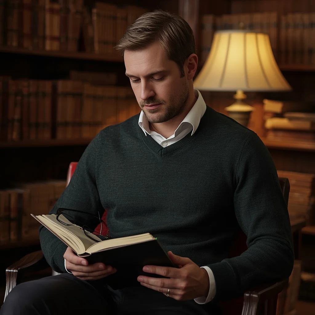 Men's Understated Sophistication in a Cozy Library — AI image prompt