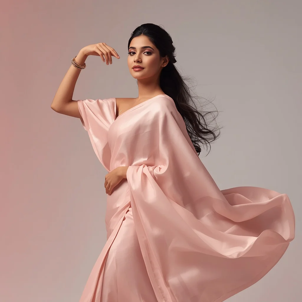 Modern Indian Woman in a Pastel Pink Saree with Dynamic Elegance — AI image prompt