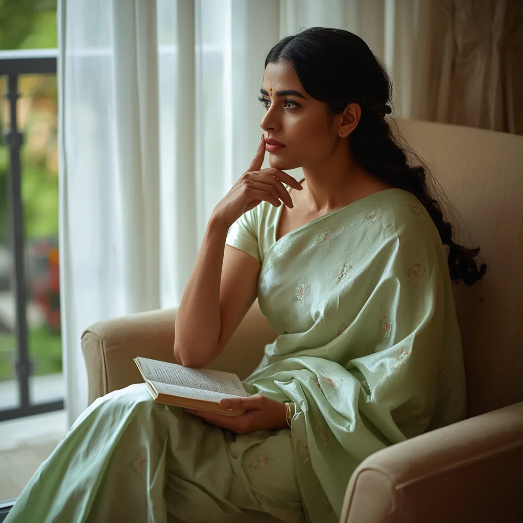 Pensive Indian Woman in a Pastel Green Saree by a Cozy Balcony — AI image prompt
