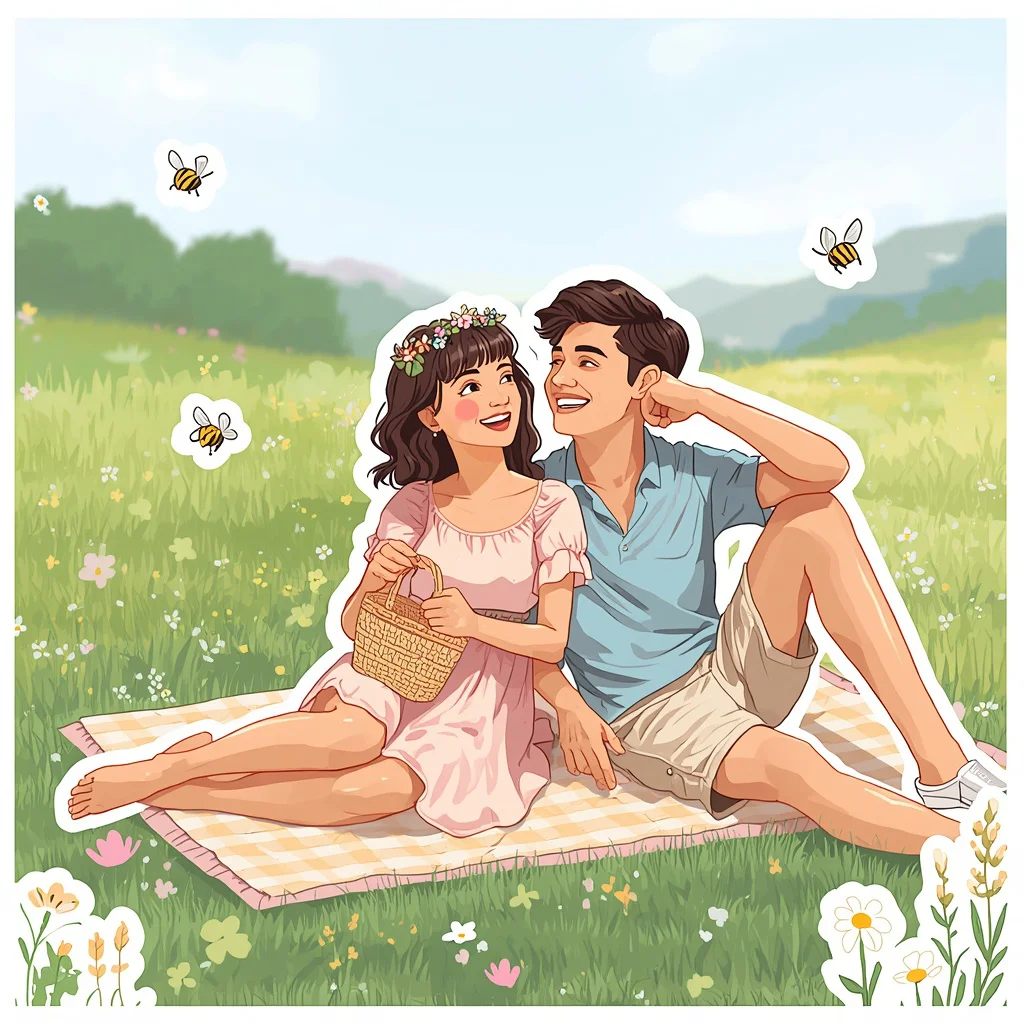Picnic in the Meadow: Joyful Sticker Art Couple Outdoors — AI image prompt