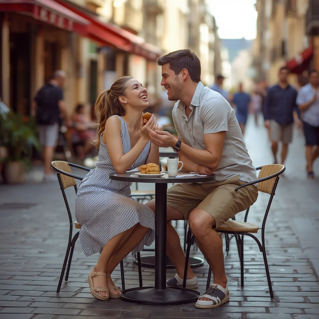 Playful Couple Sharing a Sweet Cafe Moment — AI image prompt