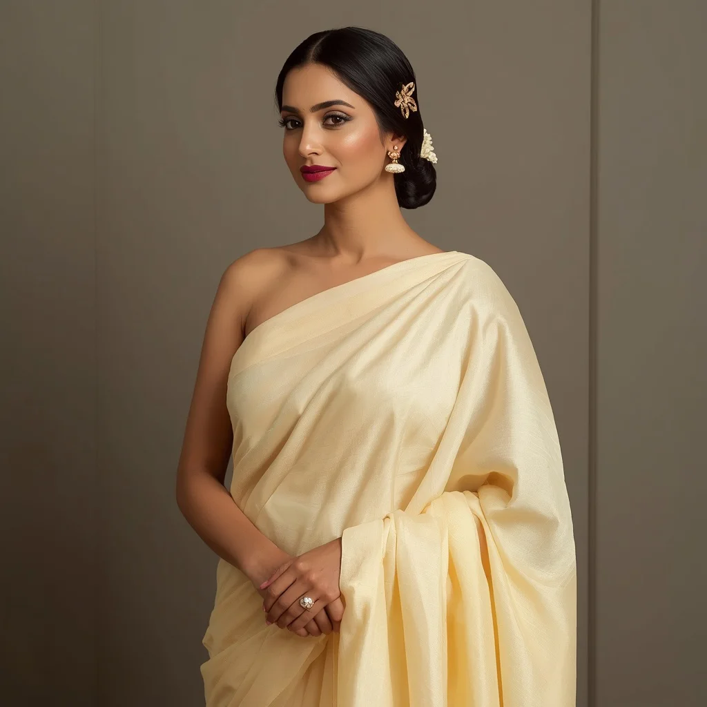 Refined Indian Woman in a Pastel Yellow Saree, Classically Elegant and Poised — AI image prompt