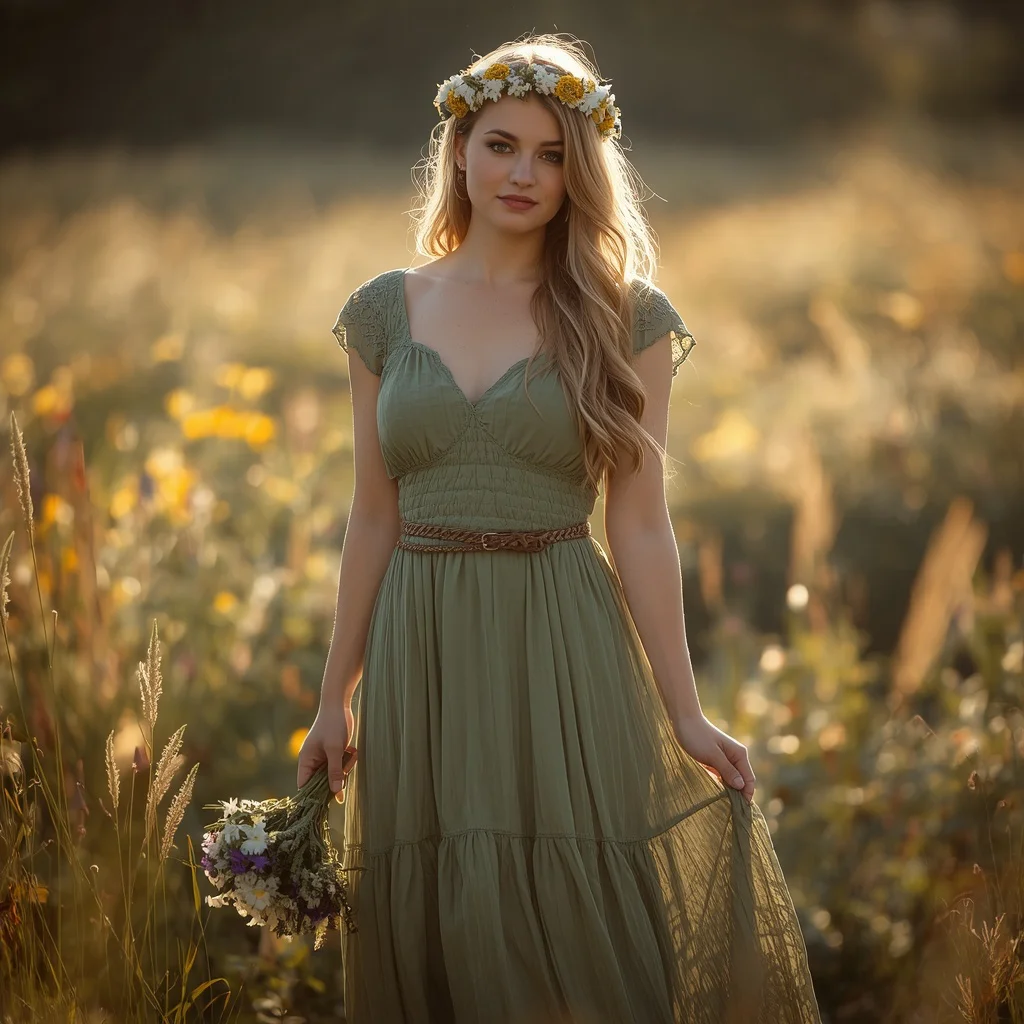 Rustic Romance in a Flowy Green Prairie Dress — AI image prompt