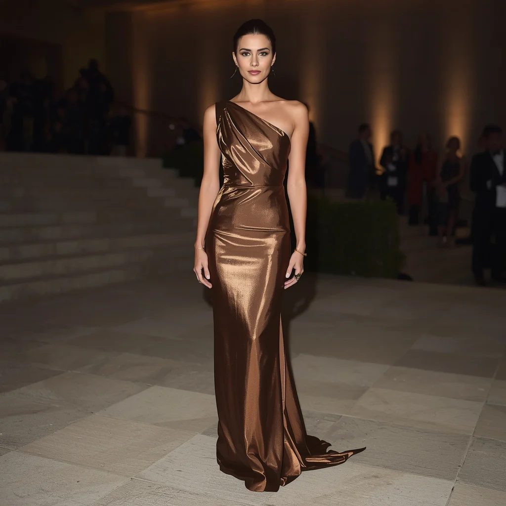 Sleek One-Shoulder Column Gown in Metallic Fabric for Gala — AI image prompt