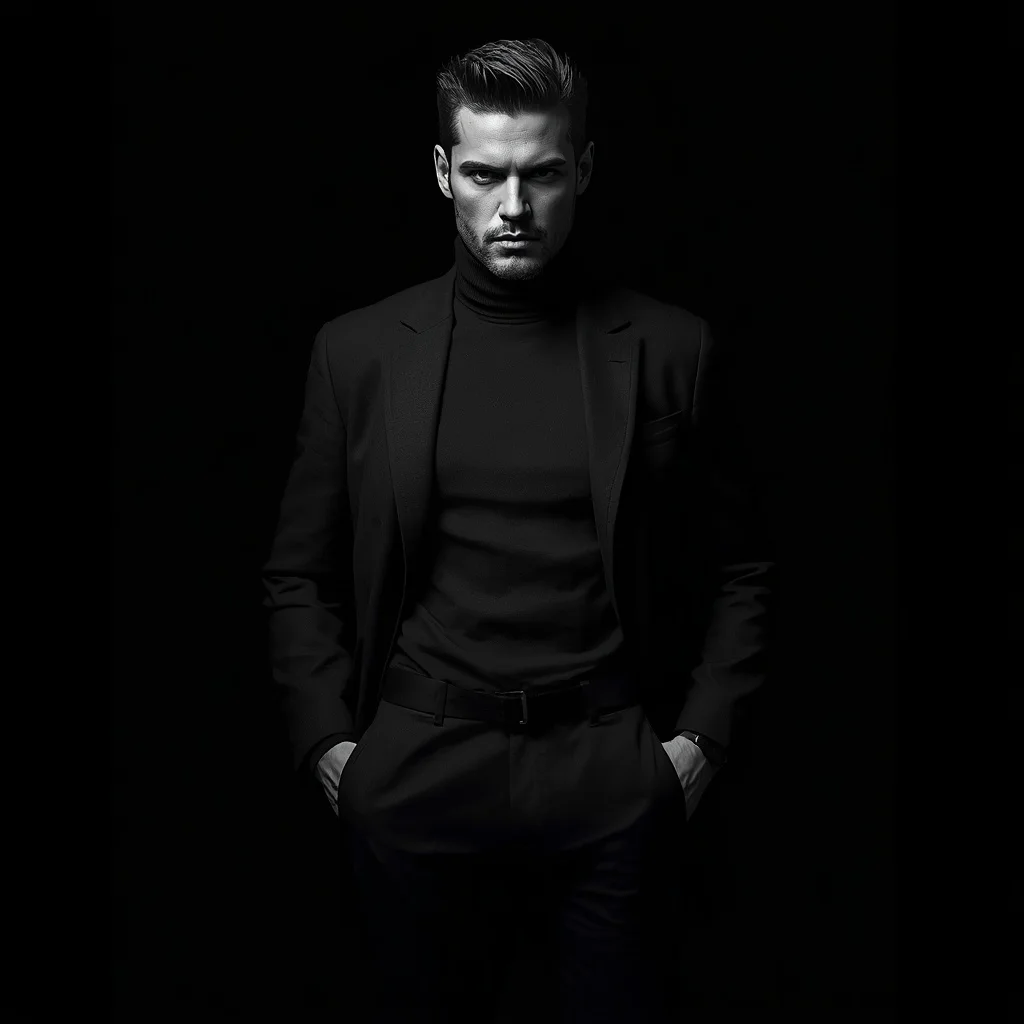 Sleek Shadowplay: Man in Monochrome against Dark Emptiness — AI image prompt