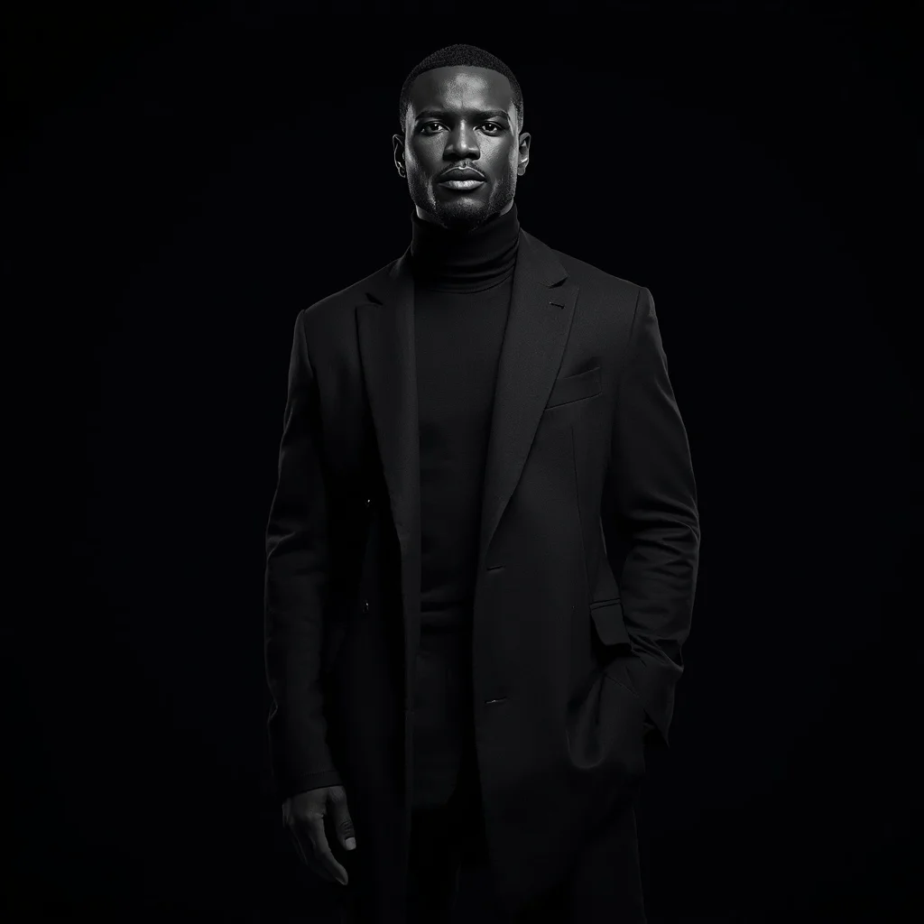 Sleek Shadowplay: Man in Monochrome against Dark Emptiness — AI image prompt