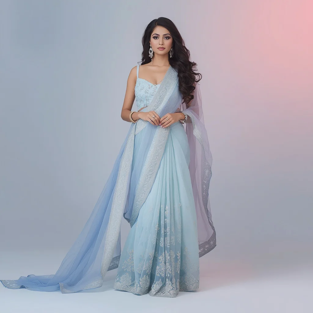 Stunning Indian Woman in a Pastel Blue Designer Saree, Exquisite and Dreamy — AI image prompt