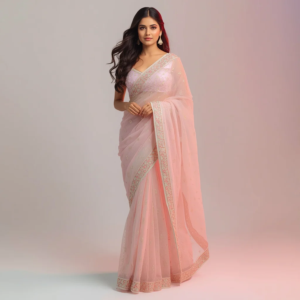 Stunning Indian Woman in a Pastel Pink Designer Saree, Exquisite and Dreamy — AI image prompt