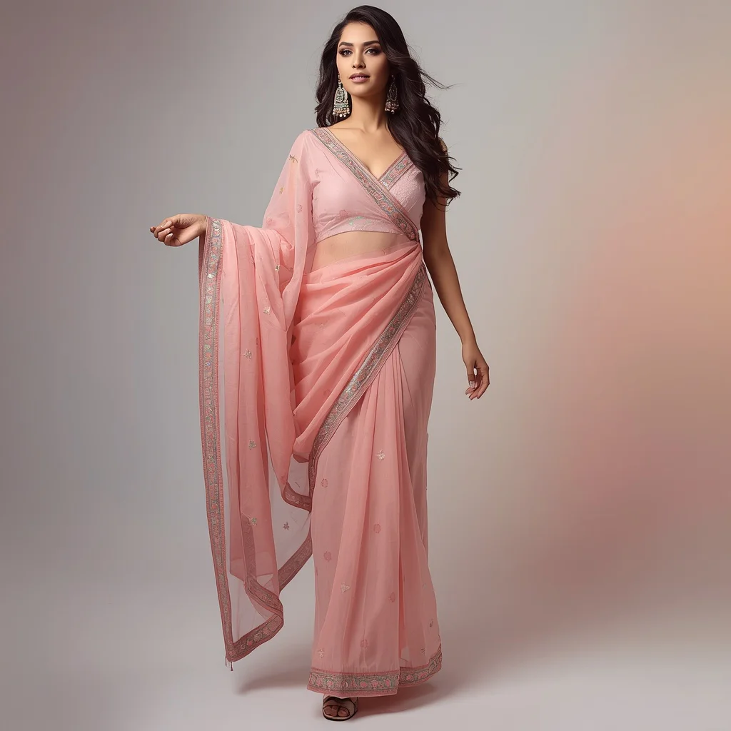 Stunning Indian Woman in a Pastel Pink Designer Saree, Exquisite and Dreamy — AI image prompt