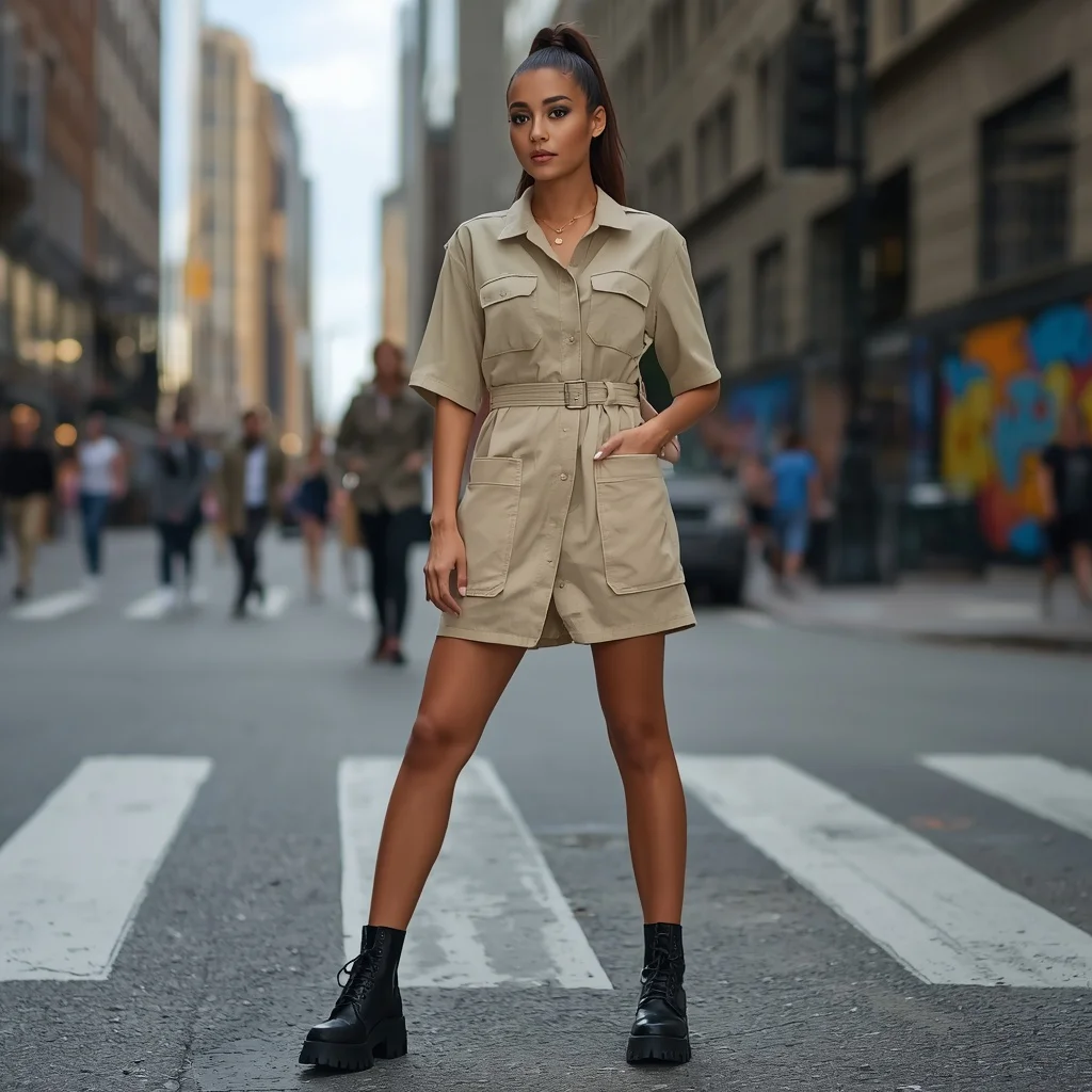 Stylish Cargo Mini-Dress for an Urban Street Style Shoot — AI image prompt