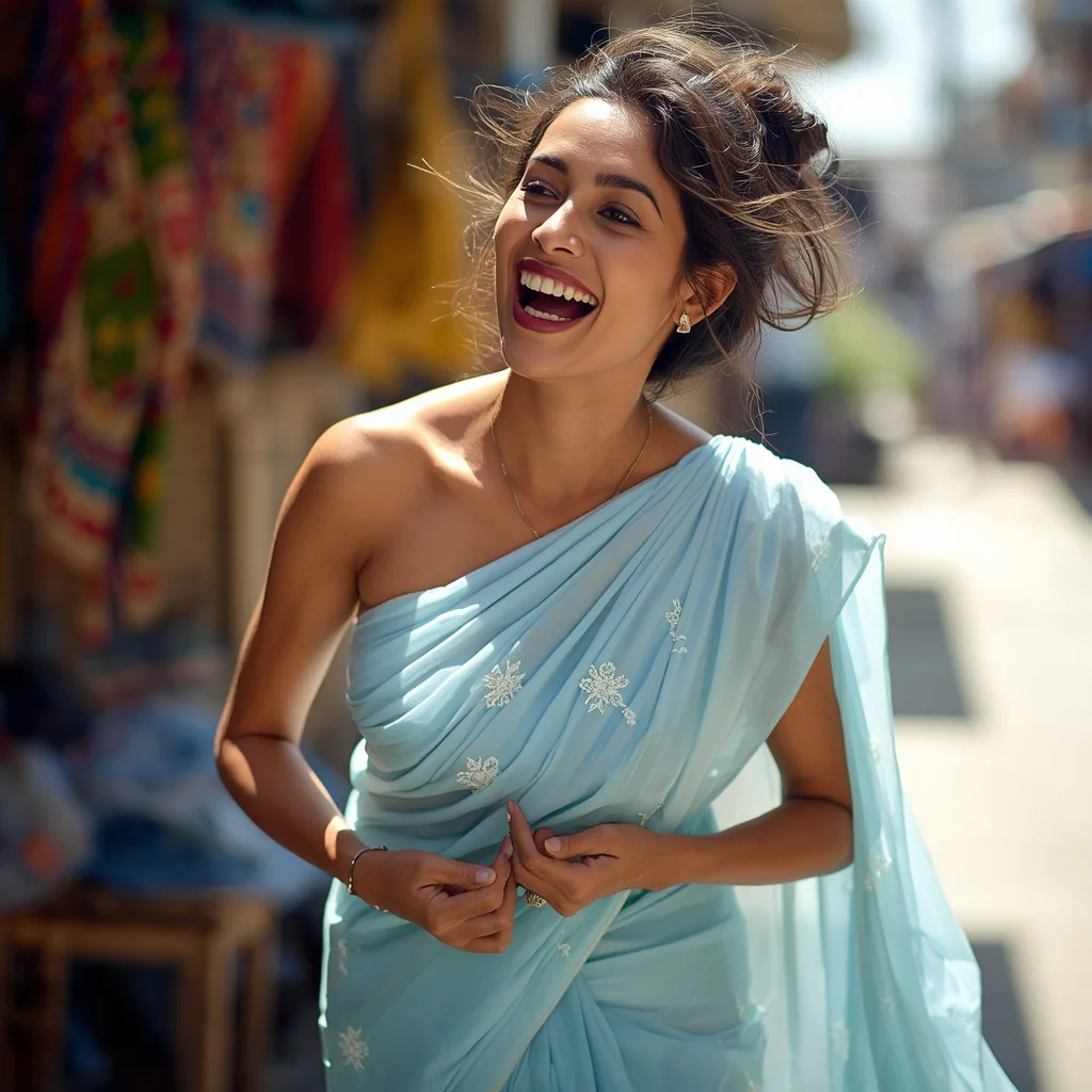 Vibrant Indian Woman in a Pastel Blue Saree, Capturing a Moment of Pure Delight — AI image prompt