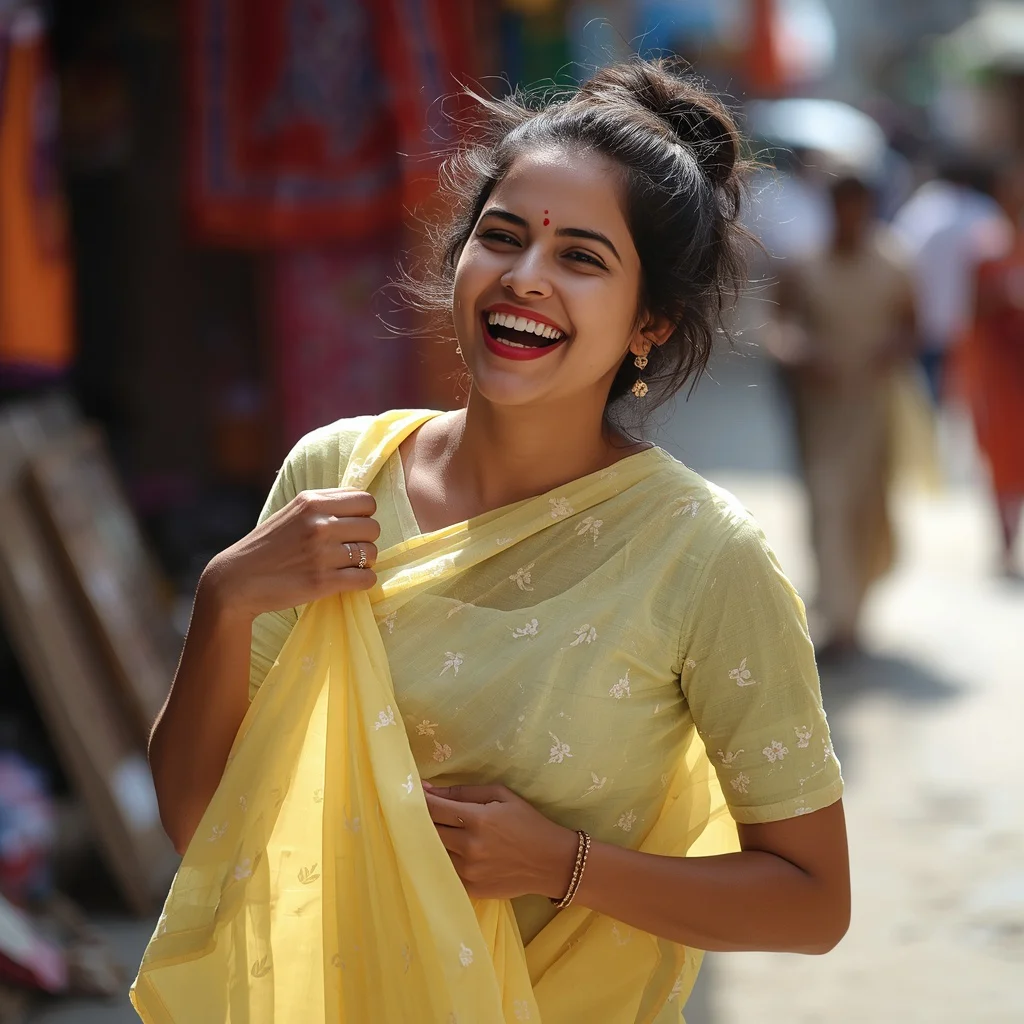 Vibrant Indian Woman in a Pastel Yellow Saree, Capturing a Moment of Pure Delight — AI image prompt