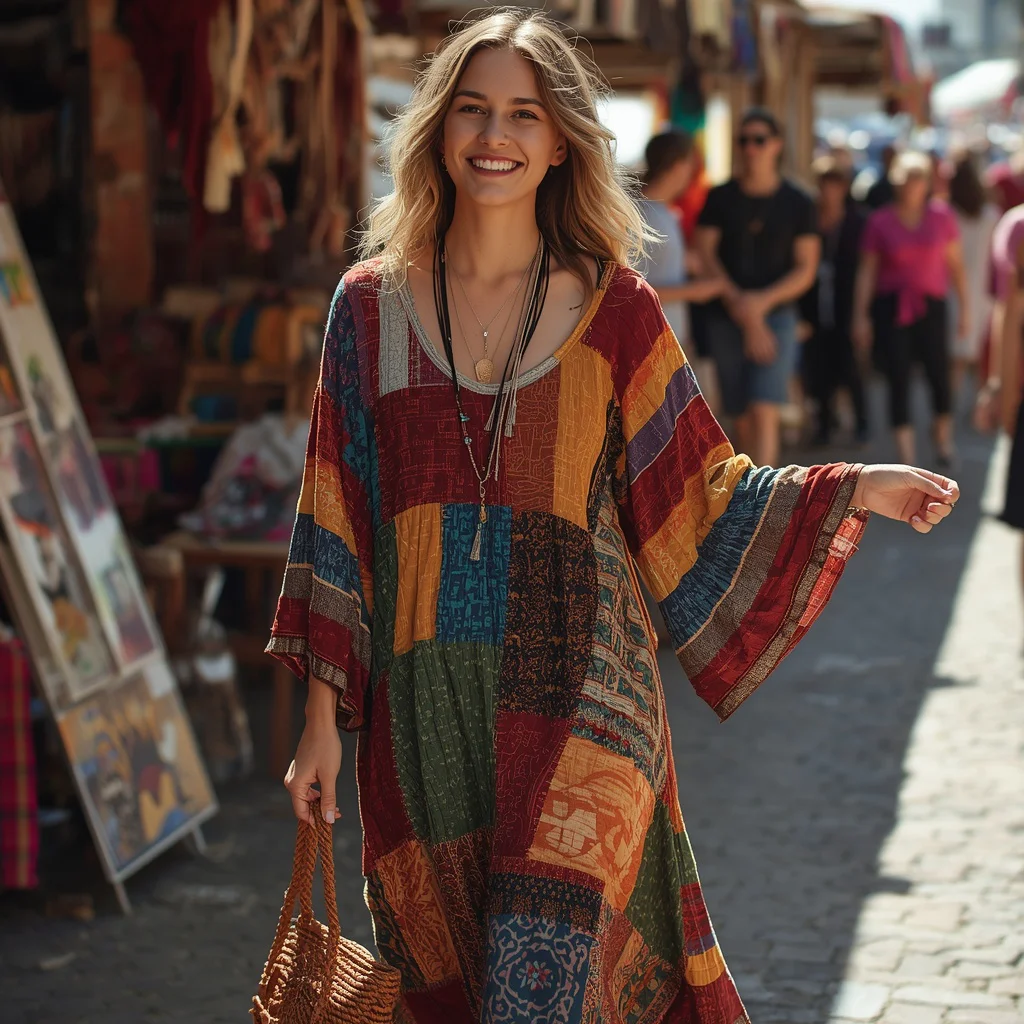 Vibrant Patchwork Maxi Dress for a Bohemian Art Fair — AI image prompt