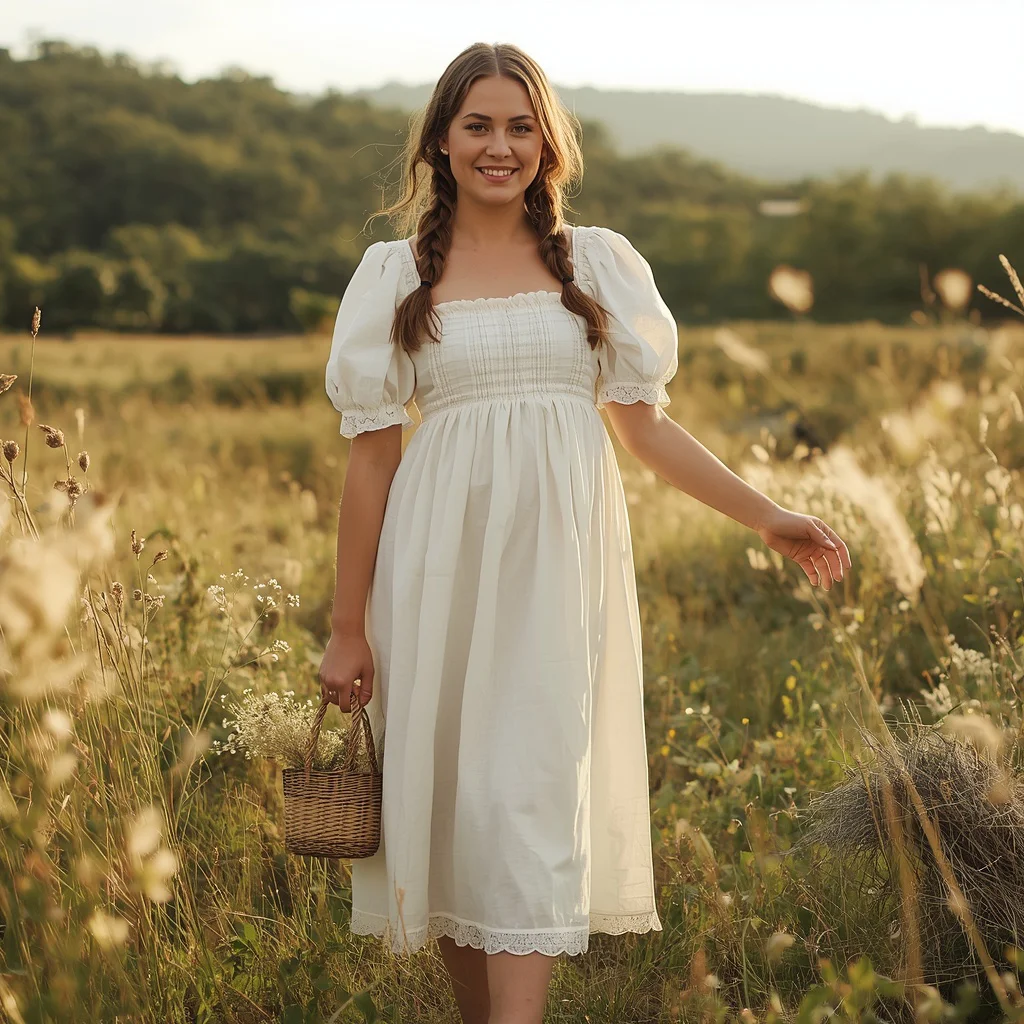 Whimsical Cottagecore Midi Dress with Puff Sleeves for Nature — AI image prompt